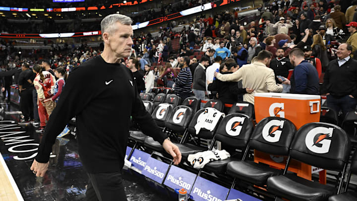 Apr 10, 2026; Chicago, Illinois, USA;  Chicago Bulls Head Coach Billy Donovan leaves the court after the game against the Orlando Magic  at the United Center.
