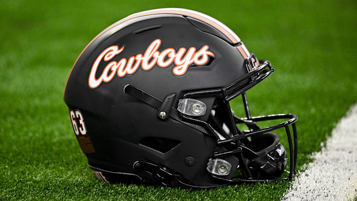 Dec 2, 2023; Arlington, TX, USA; A view of a Oklahoma State Cowboys helmet before the game between the Texas Longhorns and the Oklahoma State Cowboys at AT&T Stadium. Mandatory Credit: Jerome Miron-Imagn Images Dec 2, 2023; Arlington, TX, USA; A view of a Oklahoma State Cowboys helmet before the game between the Texas Longhorns and the Oklahoma State Cowboys at AT&T Stadium. Mandatory Credit: Jerome Miron-Imagn Images