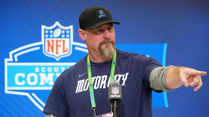 Feb 25, 2025; Indianapolis, IN, USA; Detroit Lions coach Dan Campbell speaks during the NFL Scouting Combine at the Indiana Convention Center. Mandatory Credit: Kirby Lee-Imagn Images