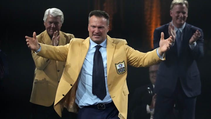 Aug 4, 2023; Canton, OH, USA; Miami Dolphins former linebacker Zach Thomas reacts after receiving a