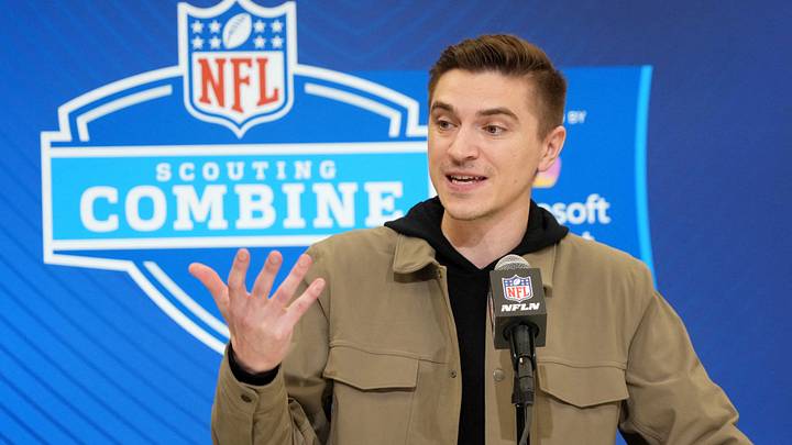 Feb 25, 2025; Indianapolis, IN, USA; Jacksonville Jaguars general manger James Gladstone speaks during the NFL Scouting Combine at the Indiana Convention Center. Mandatory Credit: Kirby Lee-Imagn Images