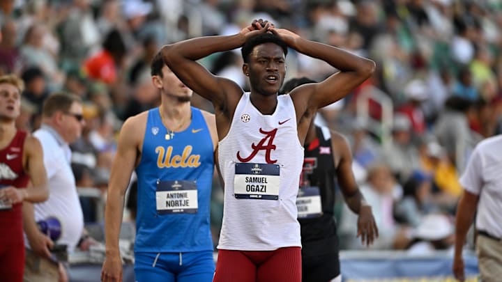 Jun 5, 2024; Eugene, OR, USA; Samuel Ogazi of Alabama wins heat two of the mens 400 meter prelims at Hayward Field. Mandatory Credit: Craig Strobeck-Imagn Images