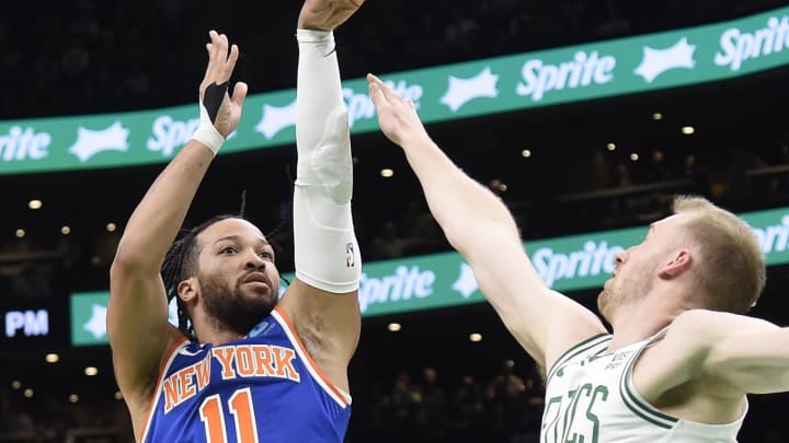 Apr 11, 2024; Boston, Massachusetts, USA;  New York Knicks guard Jalen Brunson (11) shoots the ball