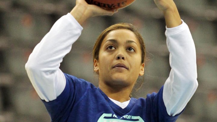 May 22, 2012; Newark, NJ, USA; New York Liberty guard Leilani Mitchell (5) warms up before a game against the Minnesota Lynx at the Prudential Center. Mandatory Credit: Brad Penner-Imagn Images