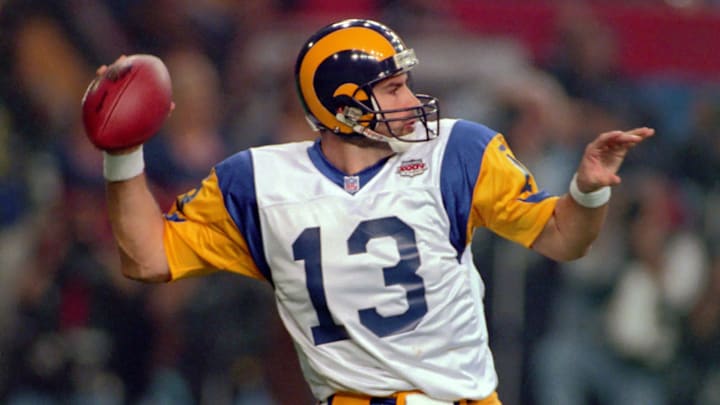 Jan 30, 2000; Atlanta, GA, USA; FILE PHOTO; St. Louis Rams quarterback (13) Kurt Warner in action against the Tennessee Titans during Super Bowl XXXIV at the Georgia Dome. The Rams defeated the Titans 23-16. Warner was 24-45 for 414 yards and 2 touchdowns and was named the games most valuable player. 
Mandatory Credit: Tony Tomsic-USA TODAY NETWORK