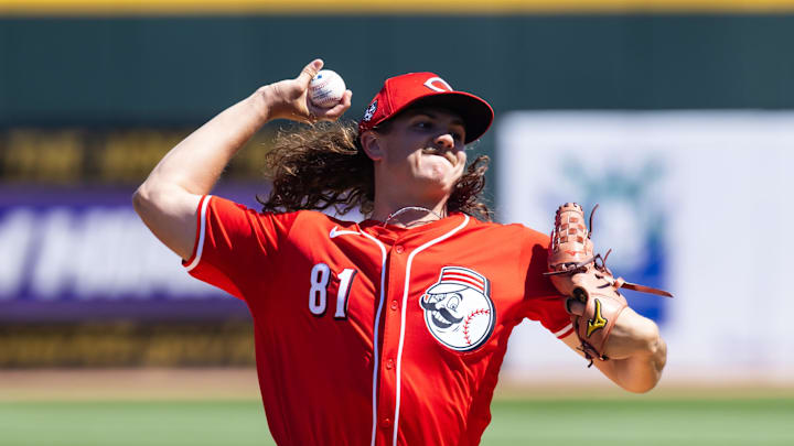 Mar 20, 2024; Goodyear, Arizona, USA; Cincinnati Reds pitcher Rhett Lowder against the Texas Rangers