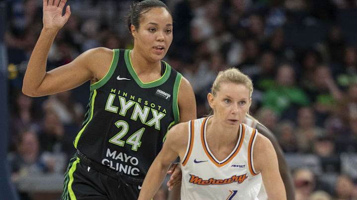 Jun 3, 2025; Minneapolis, Minnesota, USA; Phoenix Mercury guard Lexi Held (1) dribbles the ball past Minnesota Lynx forward Napheesa Collier (24) in the second half at Target Center. Mandatory Credit: Jesse Johnson-Imagn Images Jun 3, 2025; Minneapolis, Minnesota, USA; Phoenix Mercury guard Lexi Held (1) dribbles the ball past Minnesota Lynx forward Napheesa Collier (24) in the second half at Target Center. Mandatory Credit: Jesse Johnson-Imagn Images
