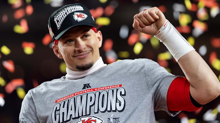 Jan 26, 2025; Kansas City, MO, USA; Confetti falls as Kansas City Chiefs quarterback Patrick Mahomes celebrates after defeating the Buffalo Bills during the AFC Championship game at GEHA Field at Arrowhead Stadium. Mandatory Credit: Mark J. Rebilas-Imagn Images Jan 26, 2025; Kansas City, MO, USA; Confetti falls as Kansas City Chiefs quarterback Patrick Mahomes celebrates after defeating the Buffalo Bills during the AFC Championship game at GEHA Field at Arrowhead Stadium. Mandatory Credit: Mark J. Rebilas-Imagn Images