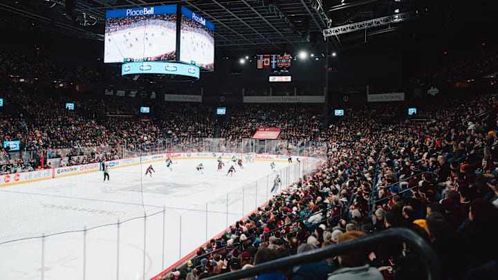 The crowd at Place Bell for Boston Fleet vs Montréal Victoire, March 15, 2026