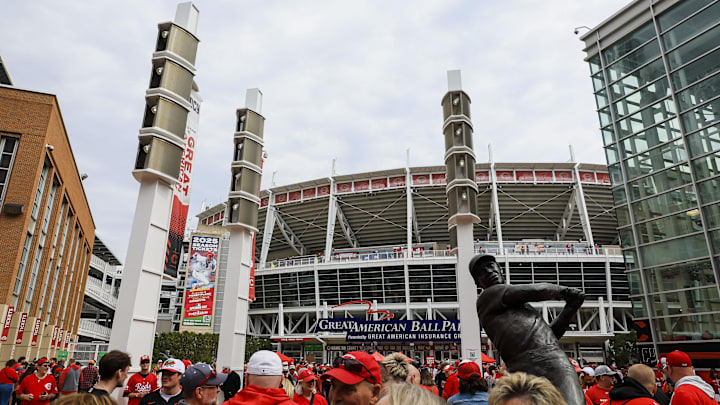 Mar 27, 2025; Cincinnati, Ohio, USA; Fans arrive for an Opening Day game between the San Francisco Giants and the Cincinnati Reds at Great American Ball Park. Mandatory Credit: Katie Stratman-Imagn Images