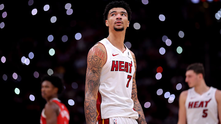 Dec 29, 2024; Houston, Texas, USA; Miami Heat center Kel'el Ware (7) against the Houston Rockets during the fourth quarter at Toyota Center. Mandatory Credit: Erik Williams-Imagn Images

