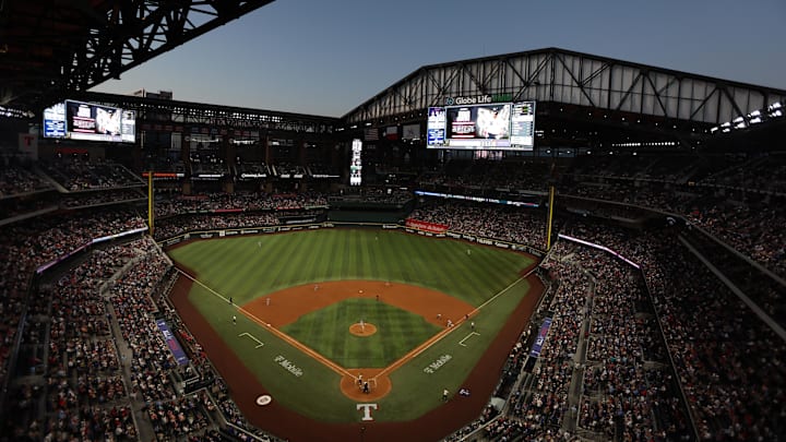 May 30, 2025; Arlington, Texas, USA; A general view of the ballpark with the roof open during the game between the Texas Rangers and the St. Louis Cardinals at Globe Life Field. 
