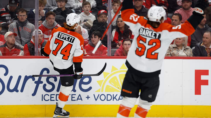 Mar 28, 2026; Detroit, Michigan, USA; Philadelphia Flyers right wing Owen Tippett (74) celebrates after scoring in the first period against the Detroit Red Wings at Little Caesars Arena. Mar 28, 2026; Detroit, Michigan, USA; Philadelphia Flyers right wing Owen Tippett (74) celebrates after scoring in the first period against the Detroit Red Wings at Little Caesars Arena.
