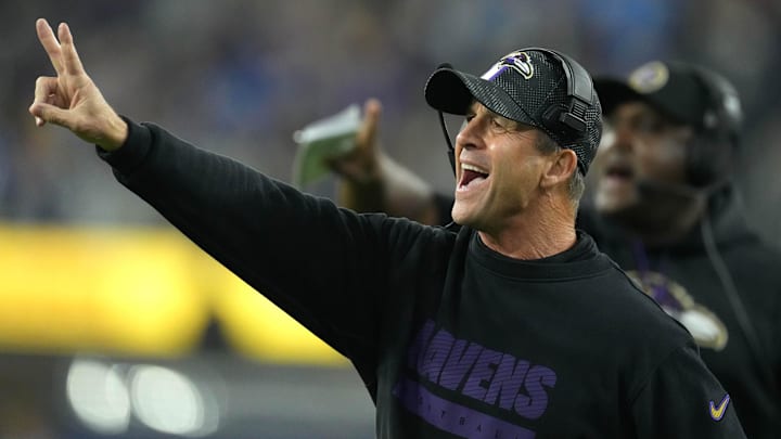 Nov 25, 2024; Inglewood, California, USA; Baltimore Ravens coach John Harbaugh reacts against the Los Angeles Chargers in the second half at SoFi Stadium. Mandatory Credit: Kirby Lee-Imagn Images
