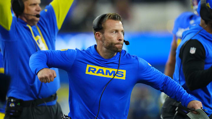 Dec 28, 2024; Inglewood, California, USA; Los Angeles Rams coach Sean McVay reacts against the Arizona Cardinals in the first half at SoFi Stadium. Mandatory Credit: Kirby Lee-Imagn Images