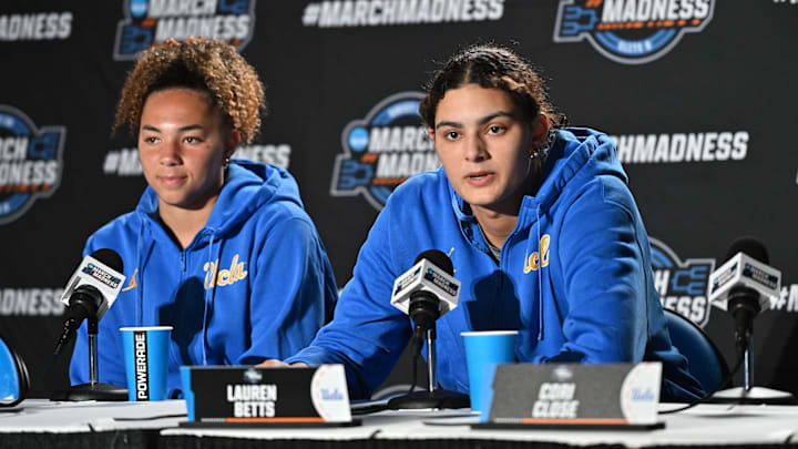 Mar 27, 2025; Spokane, WA, USA; UCLA Bruins guard Kiki Rice and UCLA Bruins center Lauren Betts talk with media during an NCAA Tournament practice session at Spokane Arena. Mandatory Credit: James Snook-Imagn Images