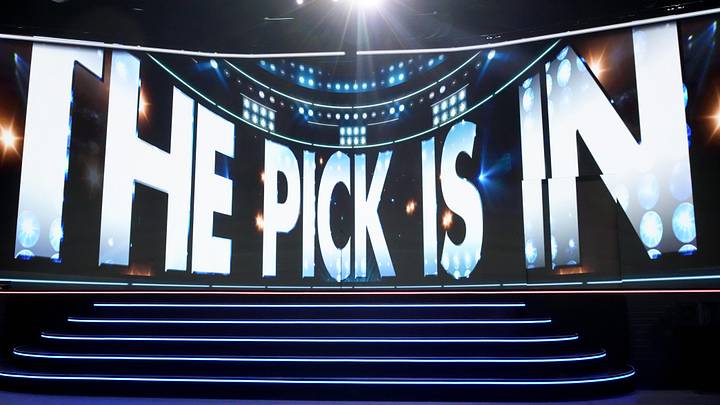 Jun 27, 2025; Los Angeles, California, USA; The video board shows the 20th overall pick for the Columbus Blue Jackets is about to be announced in the first round of the 2025 NHL Draft at Peacock Theater. 