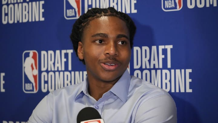 May 14, 2025; Chicago, Il, USA; Collin Murray-Boyles talks to the media during the 2025 NBA Draft Combine at Marriott Marquis Chicago. Mandatory Credit: David Banks-Imagn Images