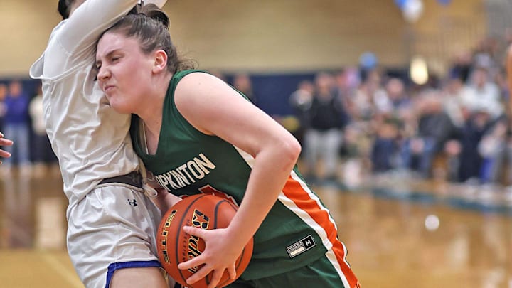 Hillers #24 Caroline Kane runs into a wall, Presidents #25 Lilliana Catrambone.
The Quincy High Presidents hosted the Hopkinton Hillers in girls MIAA basketball playoffs on Friday, March. 1, 2024 Hillers #24 Caroline Kane runs into a wall, Presidents #25 Lilliana Catrambone.
The Quincy High Presidents hosted the Hopkinton Hillers in girls MIAA basketball playoffs on Friday, March. 1, 2024
