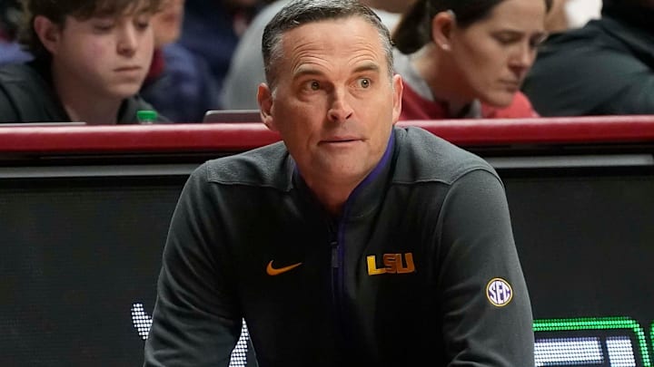 Jan 25, 2025; Tuscaloosa, AL, USA; LSU head coach Matt McMahon watches from the sideline as LSU plays Alabama at Coleman Coliseum. Mandatory Credit: Gary Cosby Jr.-Tuscaloosa News