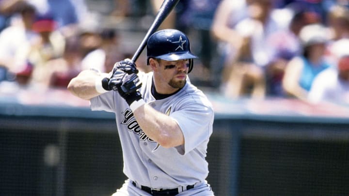 1998, Cleveland, OH, USA; FILE PHOTO; Houston Astros first baseman Jeff Bagwell in action at the plate against the Cleveland Indians at Jacobs Field during the 1998 season.