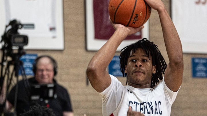 Jasiah Jervis of Stepinac shoots against Nazareth during a CHSAA Class AA basketball game at Archbishop Stepinac High School Feb. 2, 2025. Stepinac defeated Nazareth 68-55.
