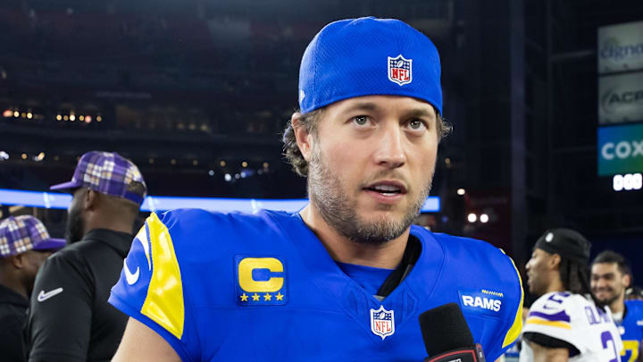 Jan 13, 2025; Glendale, AZ, USA; Los Angeles Rams quarterback Matthew Stafford (9) against the Minnesota Vikings during an NFC wild card game at State Farm Stadium. Mandatory Credit: Mark J. Rebilas-Imagn Images