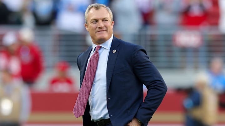 Dec 30, 2024; Santa Clara, California, USA; San Francisco 49ers general manager John Lynch before the game against the Detroit Lions at Levi's Stadium. Mandatory Credit: Sergio Estrada-Imagn Images