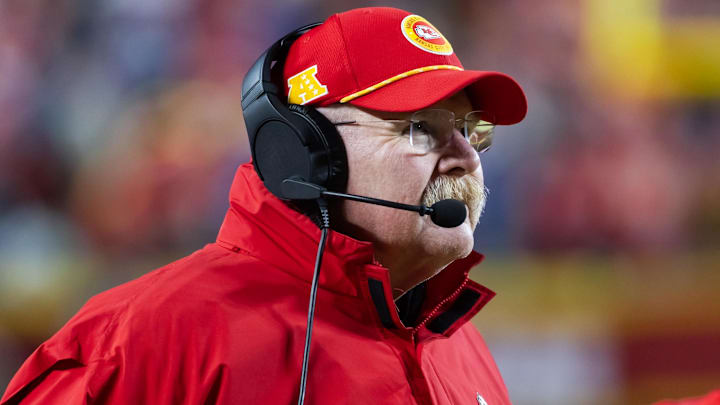  Kansas City Chiefs head coach Andy Reid against the Buffalo Bills during the AFC Championship game at GEHA Field at Arrowhead Stadium.