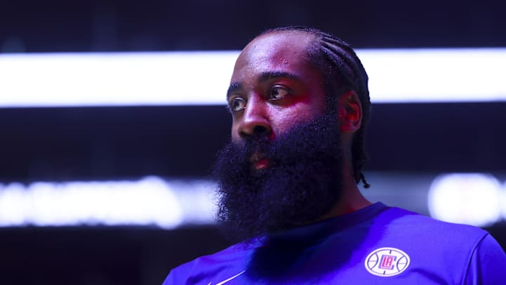 LA Clippers guard James Harden (1) before a game against the Golden State Warriors at Crypto.com Arena. 