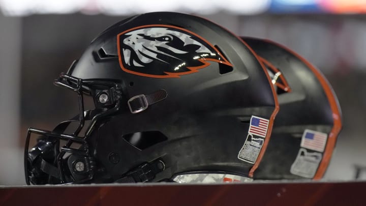 Nov 11, 2023; Corvallis, Oregon, USA; A detail view of Oregon State Beavers helmets
during the second half against the Stanford Cardinal at Reser Stadium. Mandatory Credit: Soobum Im-USA TODAY Sports