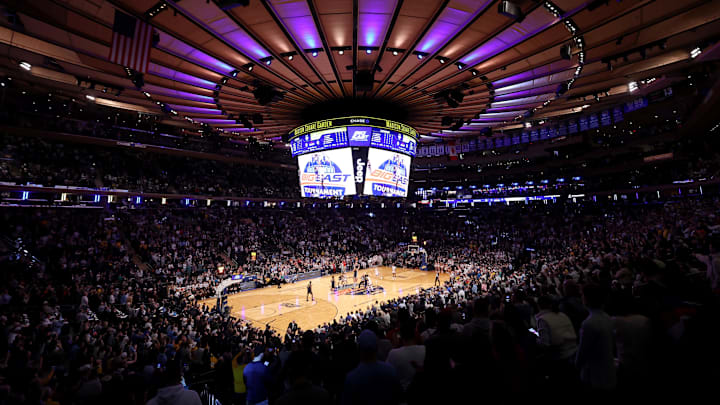 Mar 16, 2024; New York City, NY, USA; General view of tip-off between the Connecticut Huskies and the Marquette Golden Eagles during the first half at Madison Square Garden. Mandatory Credit: Brad Penner-USA TODAY Sports