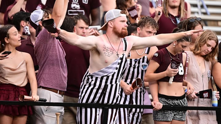 Mississippi State Bulldogs fans react after a play against the Eastern Kentucky Colonels during the second quarter at Davis Wade Stadium at Scott Field.