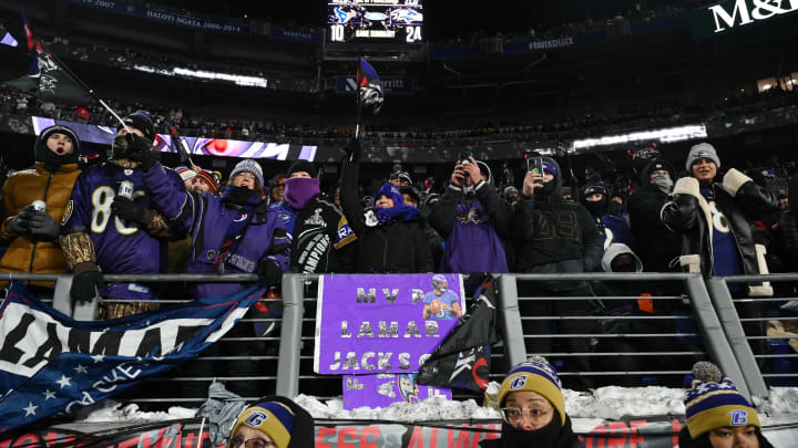 Jan 20, 2024; Baltimore, MD, USA; Baltimore Ravens fans celebrate after a score against the Houston Texans during the fourth quarter of a 2024 AFC divisional round game at M&T Bank Stadium. Mandatory Credit: Tommy Gilligan-USA TODAY Sports
