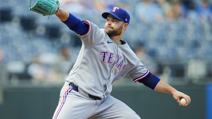 Aug 21, 2025; Kansas City, Missouri, USA; Texas Rangers relief pitcher Danny Coulombe (54) pitches during the seventh inning against the Kansas City Royals at Kauffman Stadium. Mandatory Credit: Jay Biggerstaff-Imagn Images