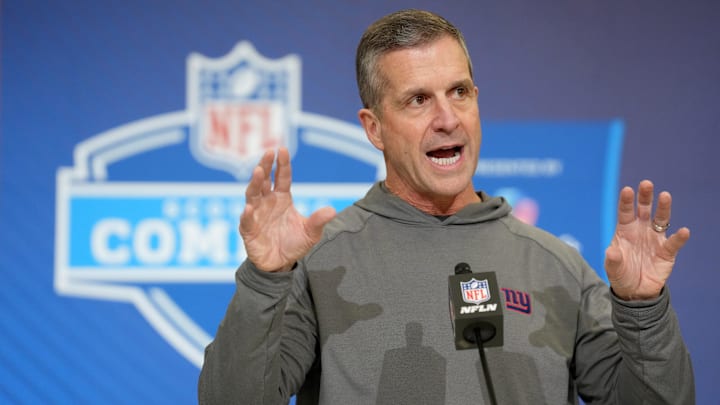 Feb 24, 2026; Indianapolis, IN, USA; New York Giants coach John Harbaugh speaks at the NFL Scouting Combine at the Indiana Convention Center. Feb 24, 2026; Indianapolis, IN, USA; New York Giants coach John Harbaugh speaks at the NFL Scouting Combine at the Indiana Convention Center.