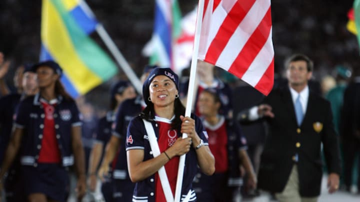 South Carolina basketball coach Dawn Staley in 2004 when she was the US flag-bearer at the Summer Olympic Games in Greece.
