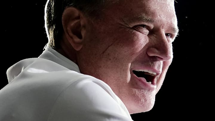 Oct 23, 2024; Kansas City, MO, USA; Kansas Jayhawks head coach Bill Self talks to media during the Big 12 Men’s Basketball Media Day at T-Mobile Center. Mandatory Credit: Jay Biggerstaff-Imagn Images