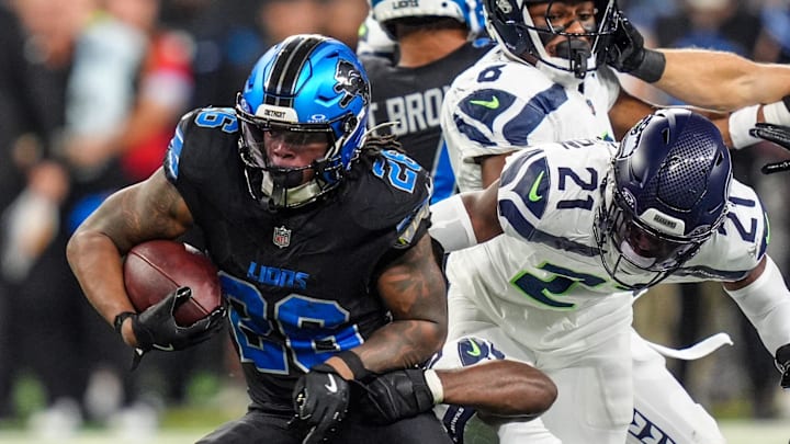Detroit Lions running back Jahmyr Gibbs (26) against Seattle Seahawks