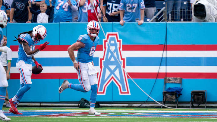 Tennessee Titans wide receiver DeAndre Hopkins (10) and quarterback Will Levis (8) celebrate their third touchdown connection against the Atlanta Falcons at Nissan Stadium in Nashville, Tenn., Sunday, Oct. 29, 2023.
