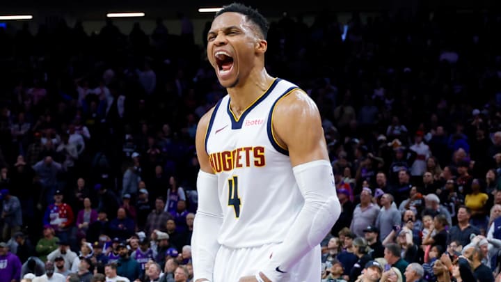 Dec 16, 2024; Sacramento, California, USA; Denver Nuggets guard Russell Westbrook (4) celebrates after the game against the Sacramento Kings at Golden 1 Center. Mandatory Credit: Sergio Estrada-Imagn Images