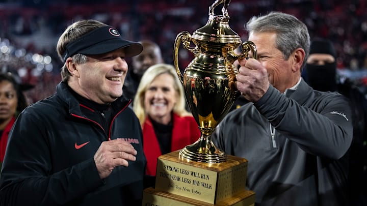 Kirby Smart receiving the Governor's Cup after beating Georgia Tech for the seventh consecutive year