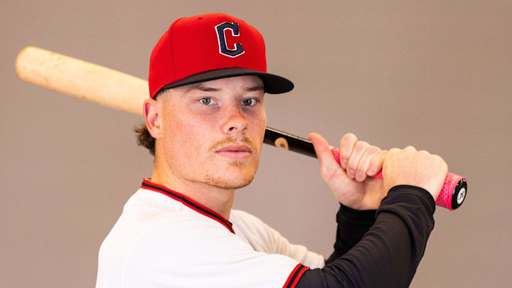 Feb 19, 2026; Goodyear, AZ, USA; Cleveland Guardians second baseman Travis Bazzana (72) during media day in Goodyear. Mandatory Credit: Arianna Grainey-Imagn Images