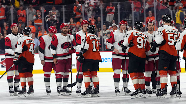 May 9, 2026; Philadelphia, Pennsylvania, USA; The Carolina Hurricanes and Philadelphia Flyers shake hands after game four of the second round of the 2026 Stanley Cup Playoffs at Xfinity Mobile Arena. Mandatory Credit: James Lang-Imagn Images
