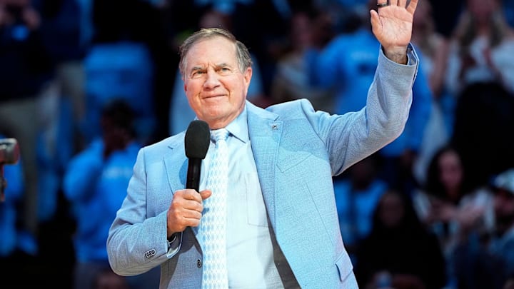 Dec 14, 2024; Chapel Hill, North Carolina, USA; North Carolina Tar Heels head football coach Bill Belichick during half time at Dean E. Smith Center. Mandatory Credit: Bob Donnan-Imagn Images
