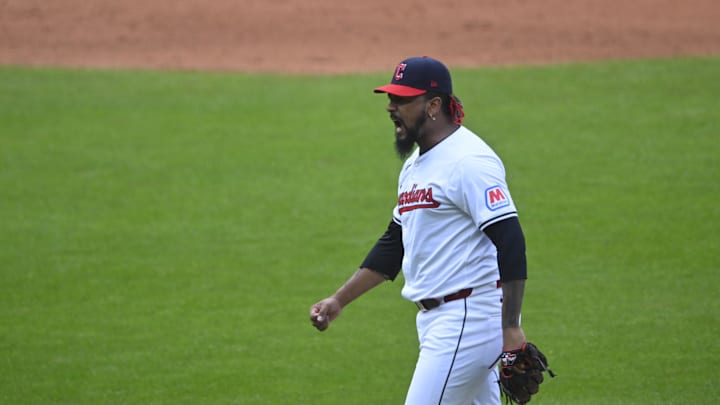 Oct 12, 2024; Cleveland, Ohio, USA; Cleveland Guardians pitcher Emmanuel Clase (48) celebrates a strike out 8th against the Detroit Tigers during game five of the ALDS for the 2024 MLB Playoffs at Progressive Field. Mandatory Credit: David Richard-Imagn Images Oct 12, 2024; Cleveland, Ohio, USA; Cleveland Guardians pitcher Emmanuel Clase (48) celebrates a strike out 8th against the Detroit Tigers during game five of the ALDS for the 2024 MLB Playoffs at Progressive Field. Mandatory Credit: David Richard-Imagn Images