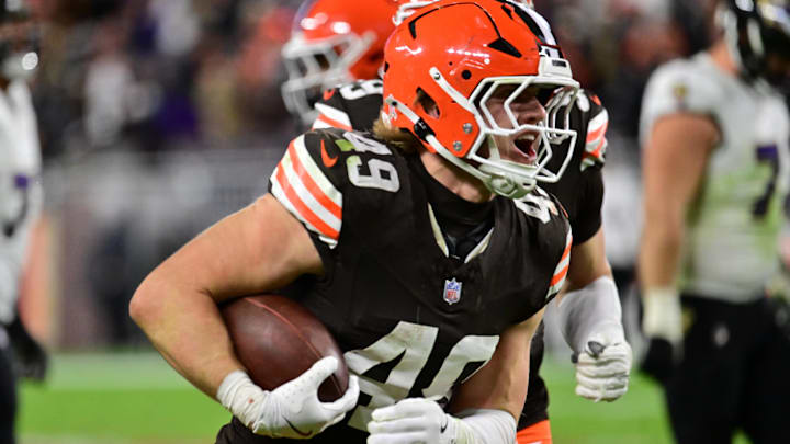 Nov 16, 2025; Cleveland, Ohio, USA; Cleveland Browns linebacker Carson Schwesinger (49) celebrates an interception during the third quarter against the Baltimore Ravens at Huntington Bank Field. Mandatory Credit: Ken Blaze-Imagn Images Nov 16, 2025; Cleveland, Ohio, USA; Cleveland Browns linebacker Carson Schwesinger (49) celebrates an interception during the third quarter against the Baltimore Ravens at Huntington Bank Field. Mandatory Credit: Ken Blaze-Imagn Images