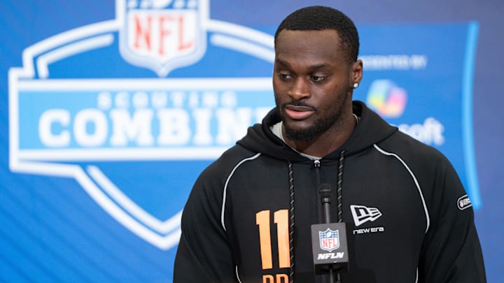 Notre Dame running back Jeremiyah Love speaks to members of the media during the NFL Combine at the Indiana Convention Center. 