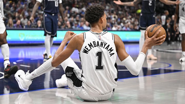 Oct 24, 2024; Dallas, Texas, USA; San Antonio Spurs center Victor Wembanyama (1) in action during the game between the Dallas Mavericks and the San Antonio Spurs at the American Airlines Center.