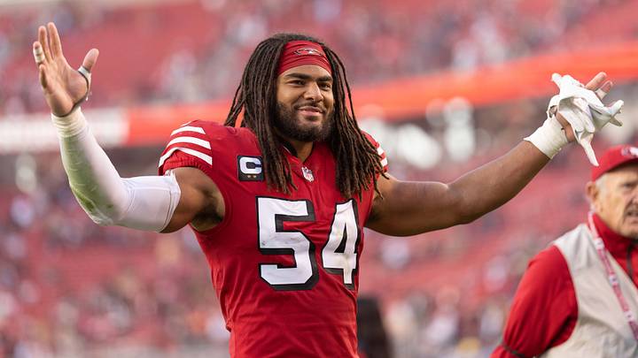 Dec 19, 2021; Santa Clara, California, USA;  San Francisco 49ers middle linebacker Fred Warner (54) celebrates after defeating the Atlanta Falcons at Levi's Stadium. Mandatory Credit: Stan Szeto-USA TODAY Sports